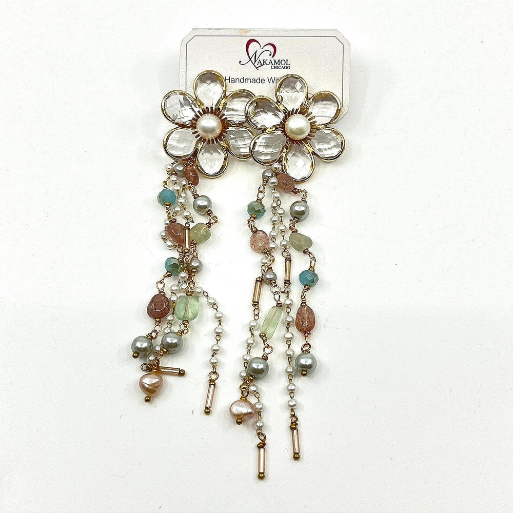 VTG Nakamol Chicago Crystal Flower Dangle Earrings Mixed Stone & Pearl Tassels